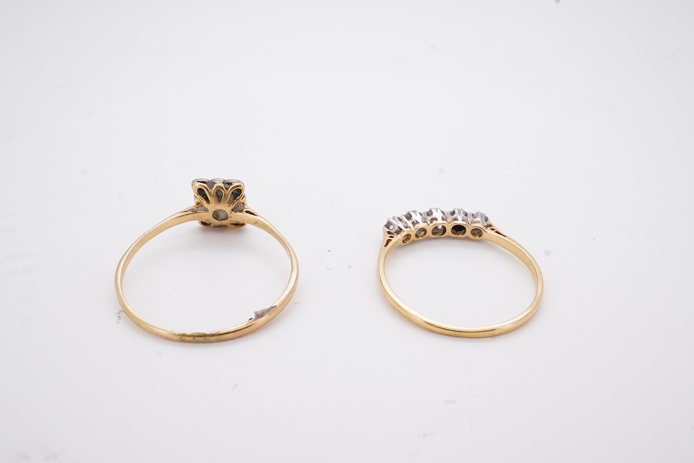 An 18ct and plat. five stone diamond set half hoop ring, size V together with a yellow metal emerald and diamond set tablet ring, size Z+++, gross weight 4.5 grams. Condition - fair